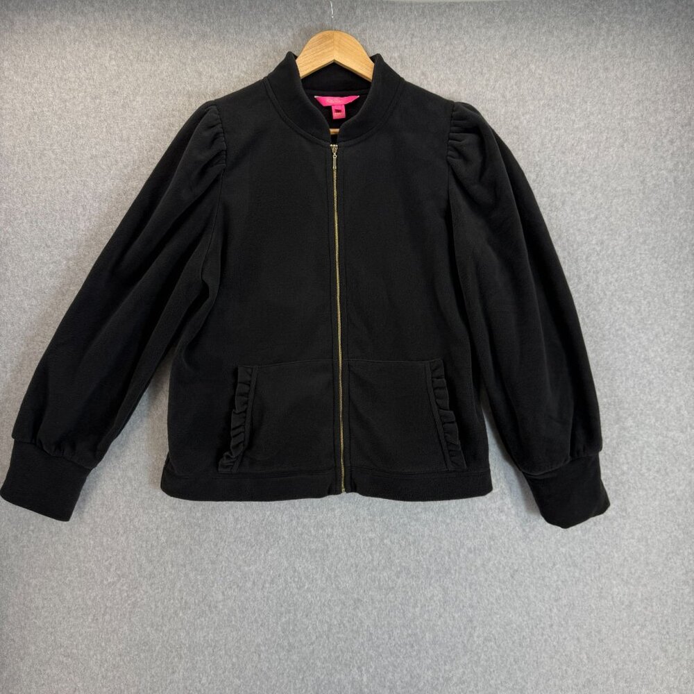 Lilly Pulitzer Size Large Cabello Fleece Jacket Sweater Black Full Zip Pockets - Picture 1 of 9
